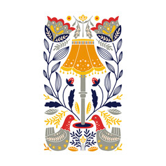 Folk art ornament with lamp, ducks, and flowers, Scandinavian design