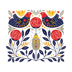 Folk art ornament with birds, roses, and bug, Scandinavian design