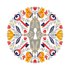 Folk art round ornament with birds, roses, and flowers, Scandinavian design