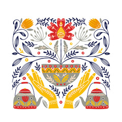 Folk art ornament with hands, teapot, teacup and flowers, Scandinavian design