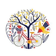 Folk art round ornament with bike, bird, tree and flowers, Scandinavian design
