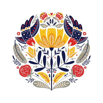 Folk art round ornament with birds, roses, and flowers, Scandinavian design