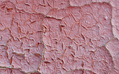 Craquelure and scratches on old surface. Texture of old painted wall, covered with cracks close-up. Violet old cracked paint background. Grunge background texture colored wall in old cracked paint