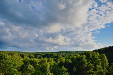 Obraz premium Summer clouds over the forest in the Nature Park Vishtynetskiy