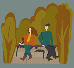 a girl and a boy sitting in the park on the stairs and dreaming. Against the background of autumn trees, next to black cats. They are in love and dream together about the future. 