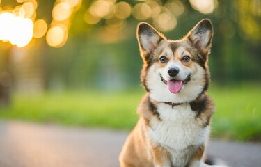 welsh corgi pembroke sable dog portrait on a sunny day in the summer in the park