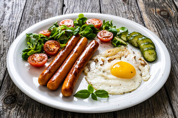 Breakfast - sunny side up egg, fried sausages and vegetables served on wooden table
