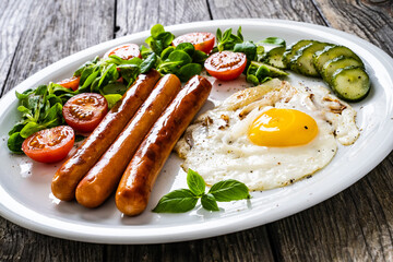 Breakfast - sunny side up egg, fried sausages and vegetables served on wooden table
