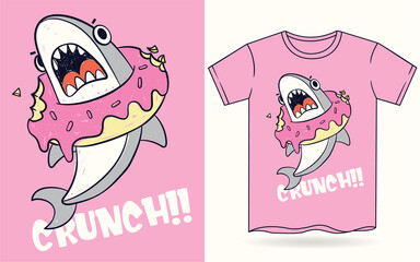 Cute shark with donut hand drawn for t shirt