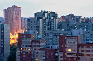 The variety of architecture of the residential area from a bird's eye view during the white nights of St. Petersburg.