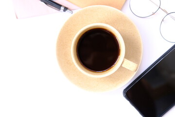 Top view coffee cup and coffee beans on old wood table background, space for text