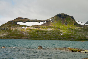 lake landscape with snowcapped mounutains in background