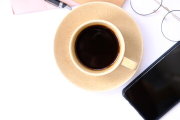 Top view coffee cup and coffee beans on old wood table background, space for text