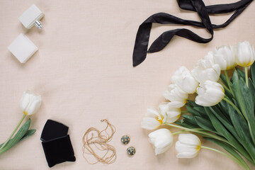 Preparation for dating. Flat lay fashion collage with women accessories and flowers.