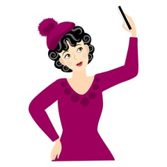 a pretty girl in maroon takes pictures of herself on the phone. a brunette in a beret with a phone in her hand. fashionista, flirt. isolated color drawing of a hand.