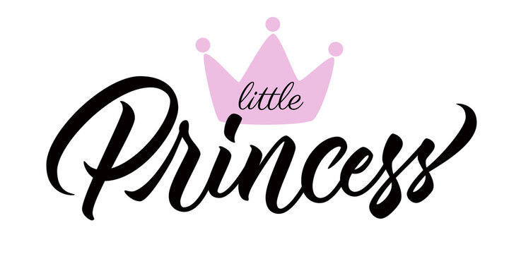 Little princess - calligraphic inscription with pink hand drawn crown. Design for baby girl shower, newbord baby cards, t-shirts aso. Vector.