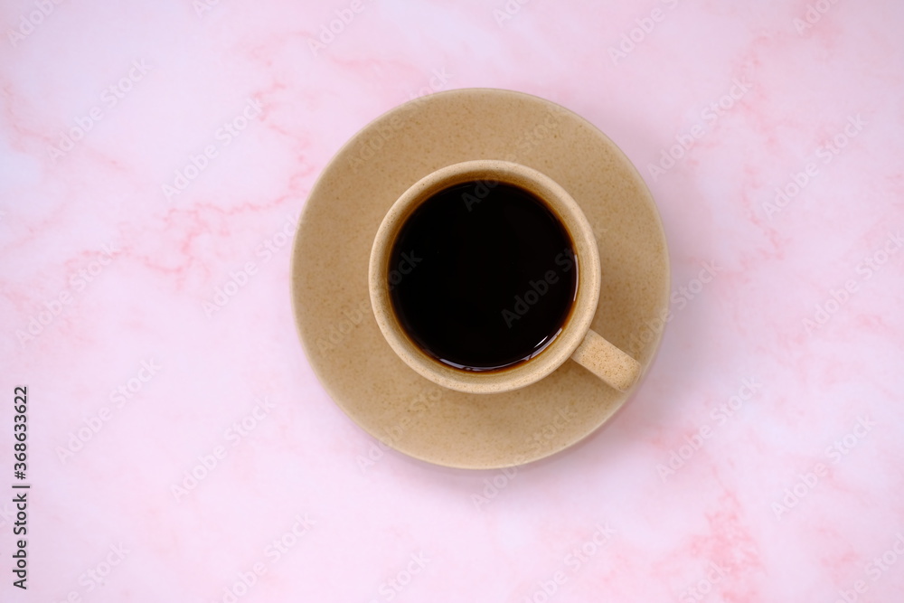 Canvas Prints Top view cup of coffee and coffee beans on table background