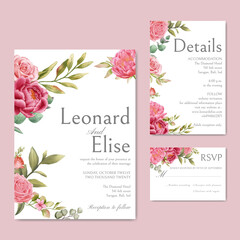 Watercolor flower blossom on wedding invitation template