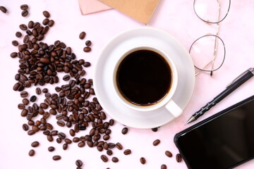 coffee beans on table background, space for text