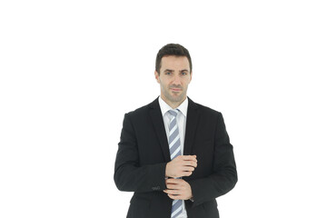 Handsome and smart businessman in black suit isolated on white background. Copy Space