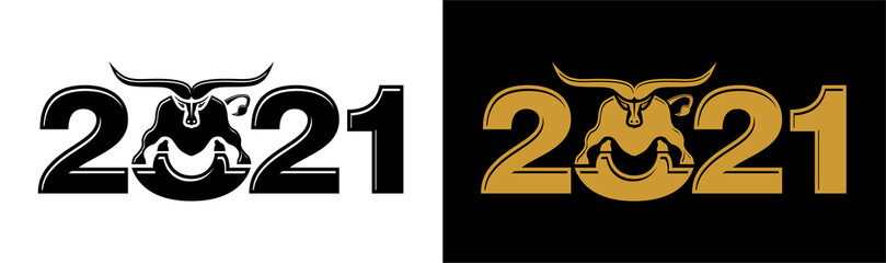 2021 year Logo design. Chinese new year of ox. Metal ox horoscope sign. New year symbol. Flat vector Ox sign isolated on transparent and black  background