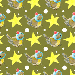 Watercolor seamless pattern with cute sparrows in knitted hats. Cozy autumn. New year. Merry Christmas. Holiday illustration. It can be used in the design of winter holidays and children's design.