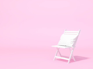 White chair with pillow on pastel pink background 3d rendering. 3d illustration Relax, rest, Holiday greeting card template minimal concept.