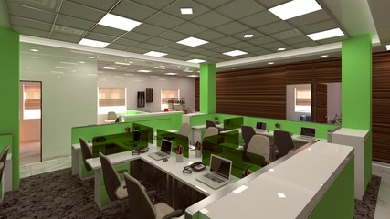 3D render office interior competitions with white and lime