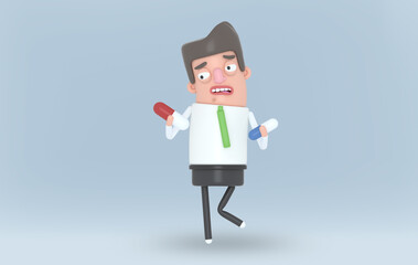 Worried Man holding two pills.3d illustration. 