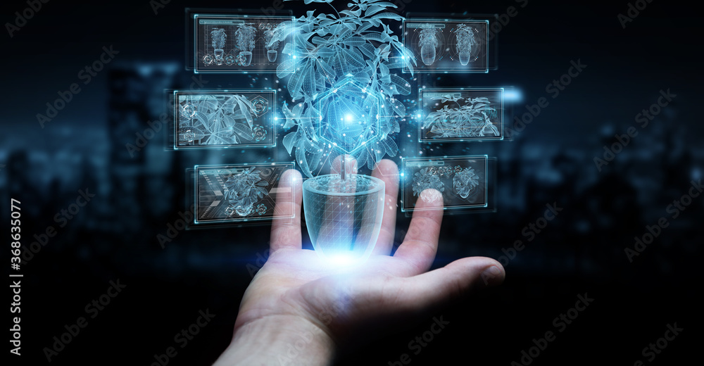 Leinwandbilder man hand holding and touching holographic projection of a plant with digital analysis 3d rendering