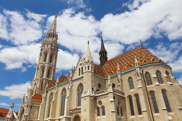 The close up of St. Matthias Church tower in Budapest