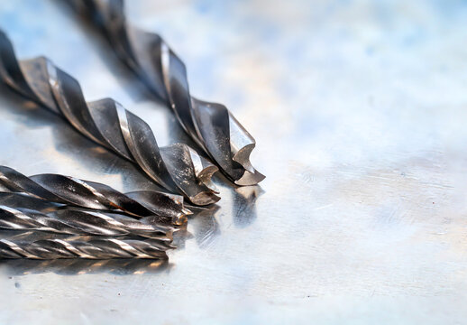 Mehrere Holzbohrer liegen nebeneinander auf einer Metallplatte.