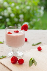 Yogurt smoothie with raspberries, fruit dessert. Berry smoothie. healthy dieting concept