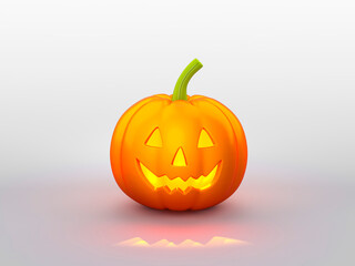 Halloween pumpkin with candle light inside on white background 3d rendering. 3d illustration cute pumpkin for celebration Halloween event template minimal style concept.