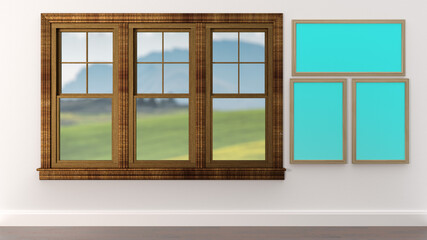 窓 窓ガラス  森 山 壁に掛けられた額縁 額 コピースペース 絵画 写真