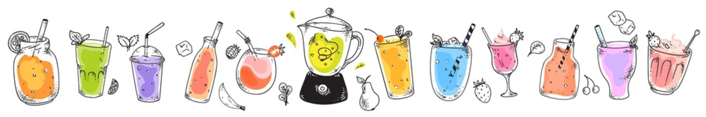 Fresh smoothie set. Natural vegan fruit cocktail refreshment in glasses. Isolated fresh drink for healthy nutrition. Vector blended smoothie in cup with straw, berries, blender sketch icon collection