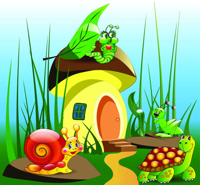 Cartoon illustration of a children's mushroom house in the grass with a turtle, a grasshopper caterpillar and a snail