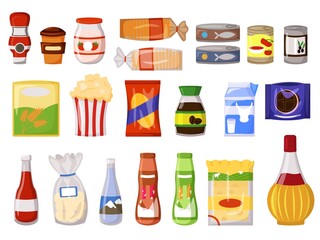 Snack pack. Fastfood, canned food dairy drink, sauce, instant coffee, flour, bread in packet, bag, box, doy pack, bottle, can, sachet isolated set. Supermarket product and snack vector illustration