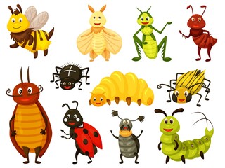 Cartoon beetle. Kawai bug isolated set on white. Cute wasp, bee, grasshopper, fly, ant, caterpillar, spider, ladybug, chafer, Colorado potato-beetle, larva, stag-beetle. Vector insect illustration