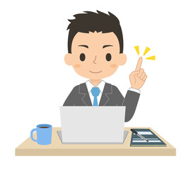パソコンを使ってデスクワークをする男性会社員　テレワーク　イラスト