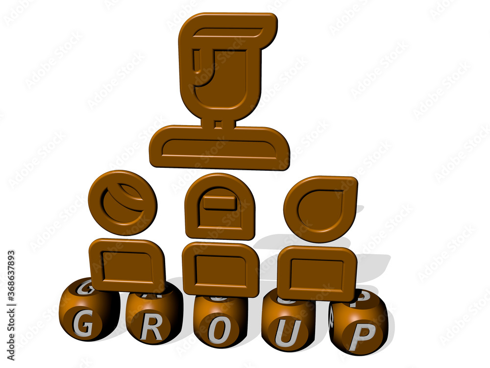 Poster 3d representation of group with icon on the wall and text arranged by metallic cubic letters on a mi