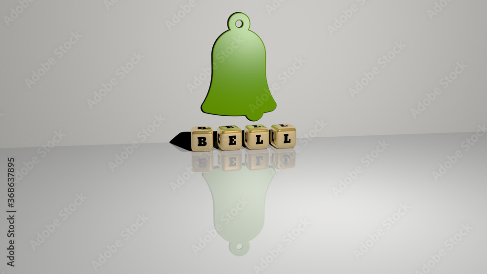 Poster 3D representation of BELL with icon on the wall and text arranged by metallic cubic letters on a mirror floor for concept meaning and slideshow presentation. church and background