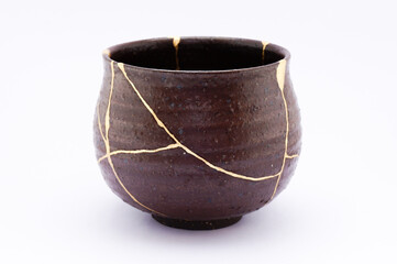 Antique kintsugi, tea pottery set chawan bowl restored with gold.