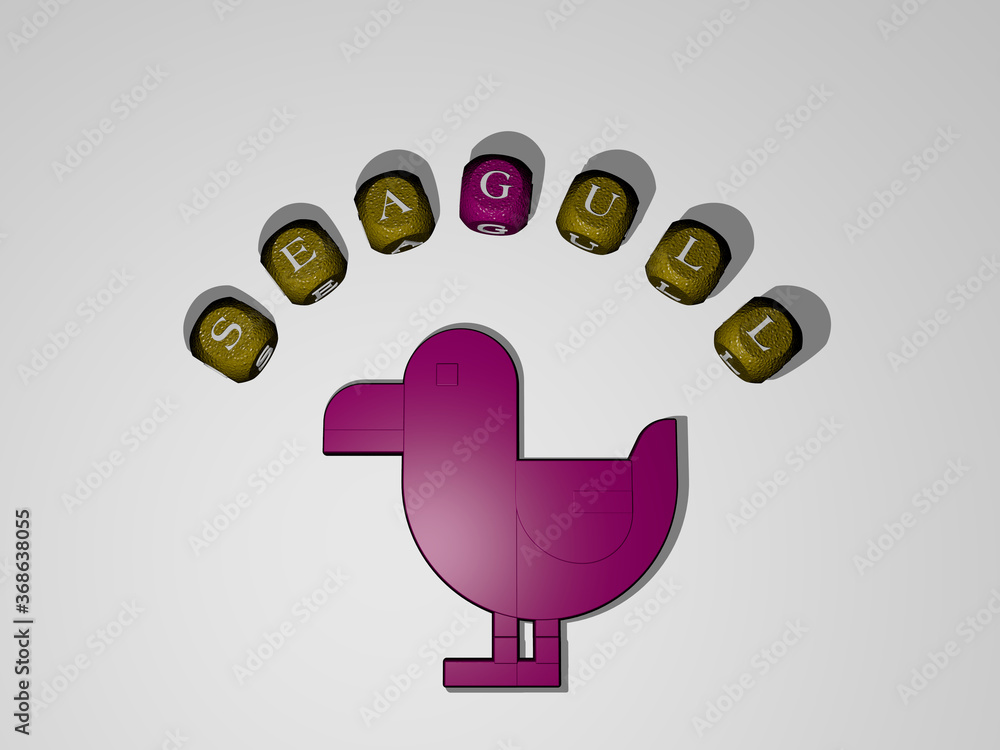 Poster 3d illustration of seagull graphics and text around the icon made by metallic dice letters for the r