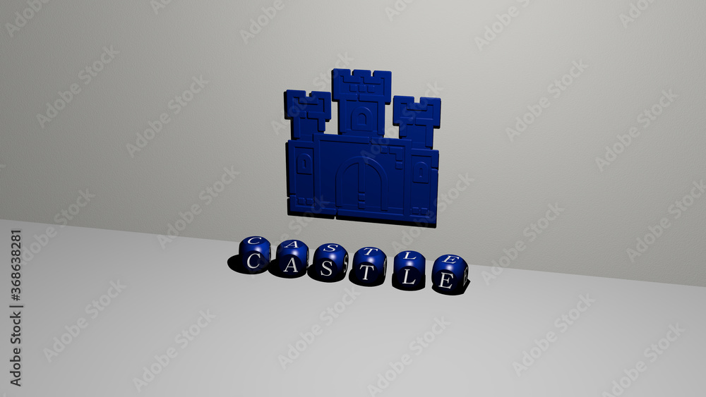Poster 3d illustration of castle graphics and text made by metallic dice letters for the related meanings o