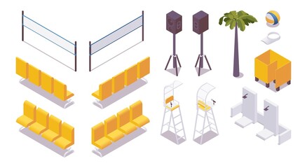 Isometric set beach volleyball equipment, water polo, tennis, badminton front view isolated on white