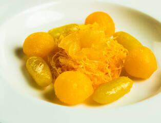 Gold egg yolk drop and Ball plated dessert, Thai dessert