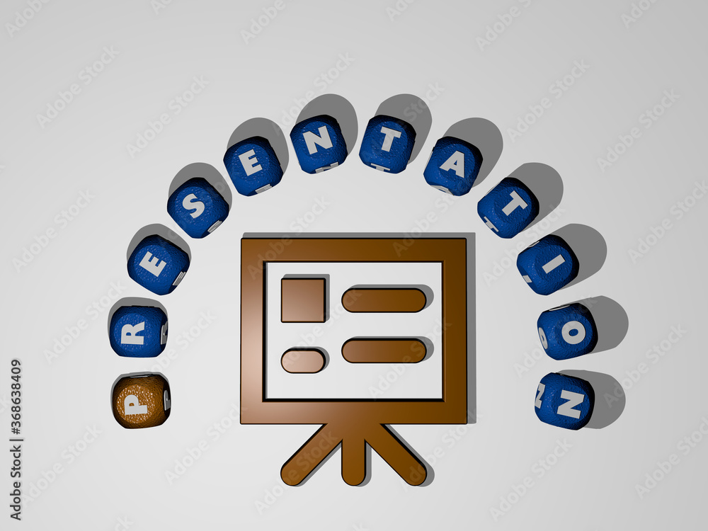 Poster 3d illustration of presentation graphics and text around the icon made by metallic dice letters for 