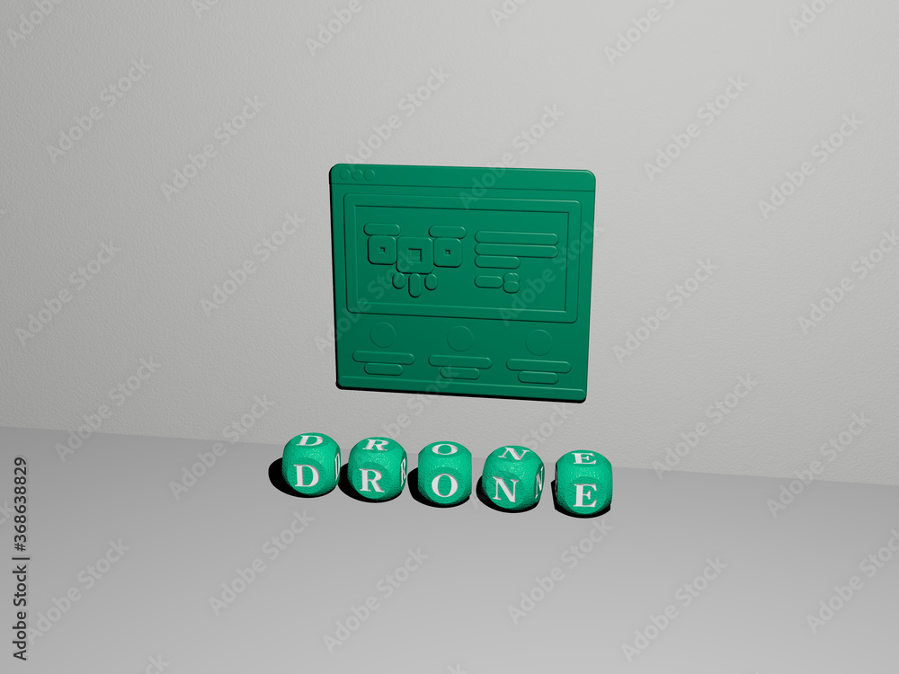 Poster 3d illustration of drone graphics and text made by metallic dice letters for the related meanings of