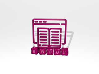 3D illustration of EBOOK graphics and text made by metallic dice letters for the related meanings of the concept and presentations. digital and education